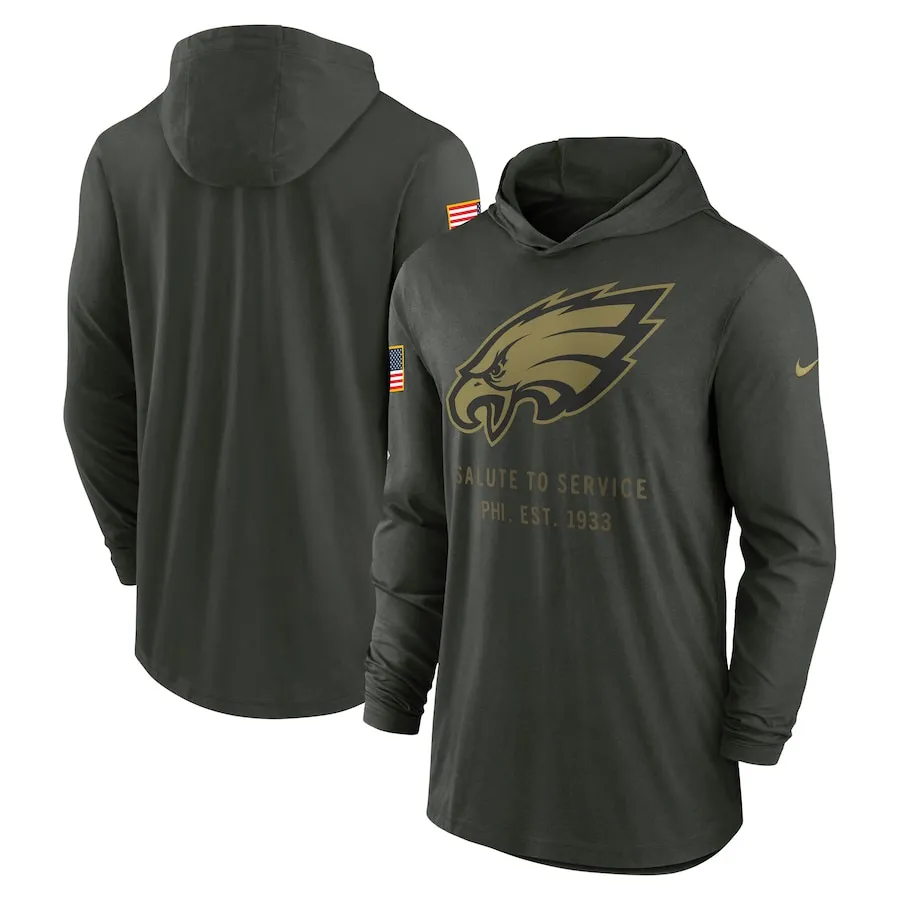 Front view of the 2025 Philadelphia Eagles Salute to Service hoodie by Nike, featuring military-inspired design and team branding, available in sizes S to 4XL.