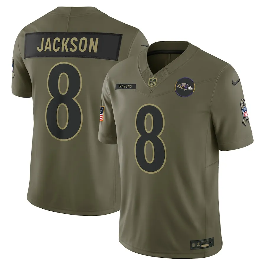 Front and rear view of the 2025 Lamar Jackson Salute to Service jersey by Nike, featuring Baltimore Ravens branding, military-inspired details, and available in sizes S to 4XL.