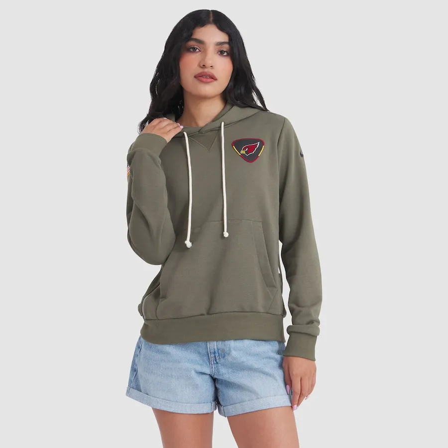 Front view of the women’s 2025 Arizona Cardinals Salute to Service hoodie by Nike, featuring military-inspired details, team logo, and a comfortable fit in sizes S to 4XL.